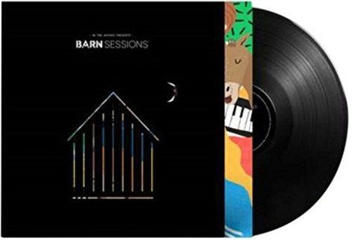 Black vinyl record with "Barn Sessions" cover, featuring a barn illustration and colorful sleeve.