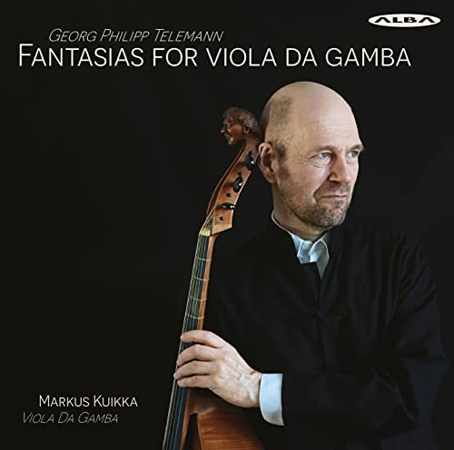 Bald man with viola da gamba, dark background, album cover.