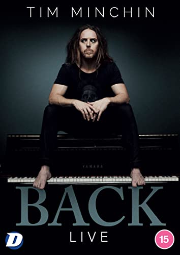 Tim Minchin seated at a piano, DVD cover for "Back Live".