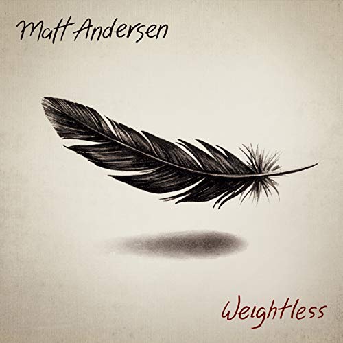 "Album cover with black feather and shadow on beige background, text 'Matt Andersen Weightless'."