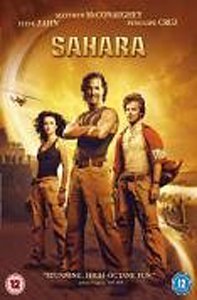 DVD cover for 'Sahara' featuring three main characters against a desert background with an airplane.