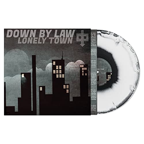 Down By Law "Lonely Town" vinyl record with black and white splatter.