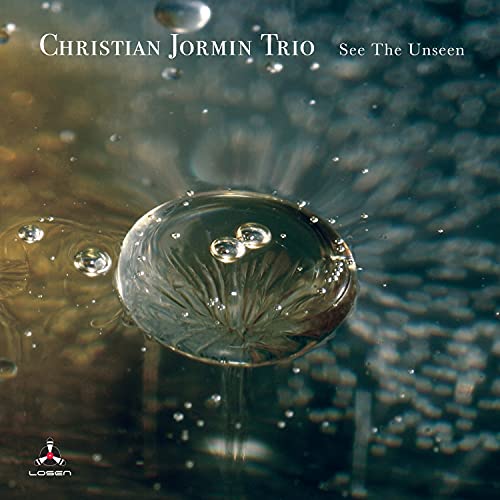 CD cover for Christian Jormin Trio’s “See The Unseen” with water droplets.