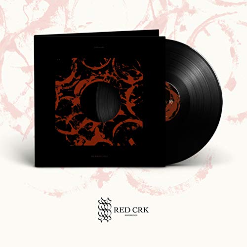 Black vinyl record with red, swirling abstract cover art.