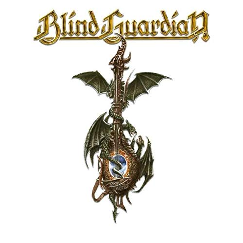 "Album cover with dragon wrapped around a sword, gold text 'Blind Guardian' on white background."