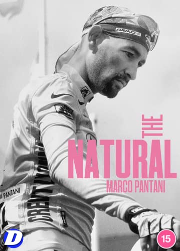 Black and white portrait of cyclist Marco Pantani with pink title text.