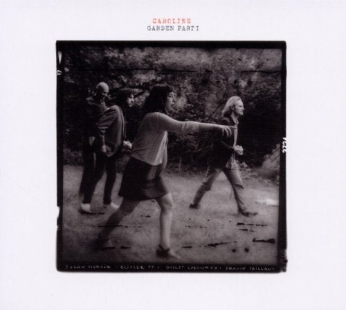 "Black and white CD cover with people fighting in a garden scene."