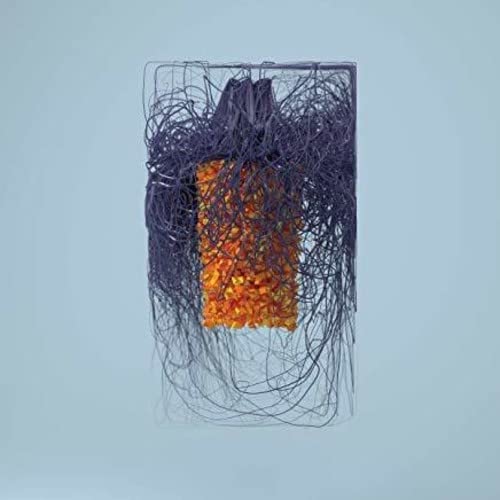 Rectangular vinyl record with orange and yellow granular texture, surrounded by dark fibers.