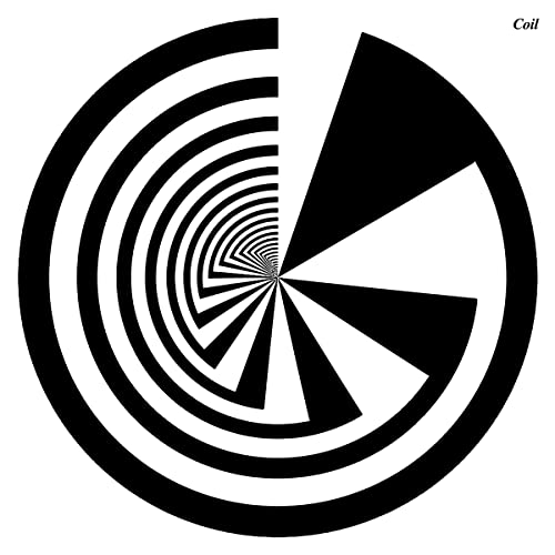 Black and white spiral design on a circular record cover.