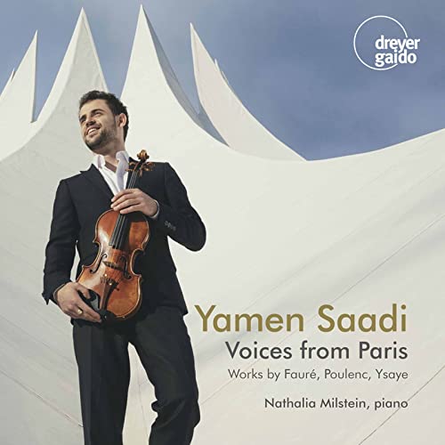 Violinist Yamen Saadi on CD cover with abstract architectural background.