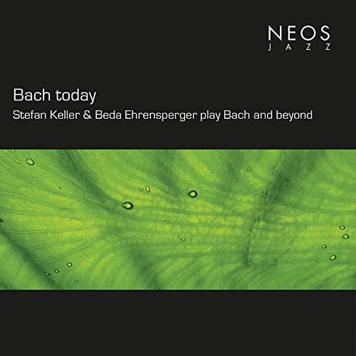 "Bach Today" CD cover with black background, green abstract pattern, and white text.
