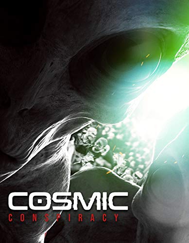 The image depicts a DVD cover for "Cosmic Conspiracy" with a skull and green glow.