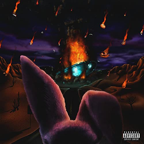 Album cover: desert landscape with burning UFO and rabbit ears foreground.