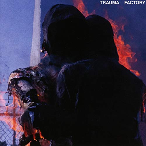 Two figures in dark hooded clothing embrace amidst flames against a blue sky.