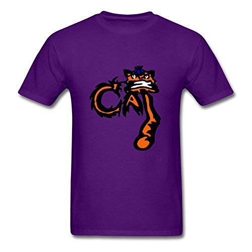 Purple t-shirt with a black and orange cartoon cat and lettering design.