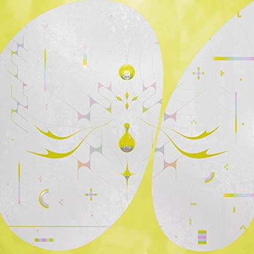 Abstract white shapes on a yellow background featuring yellow icons and holographic geometric lines.