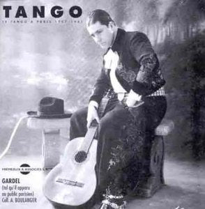 Carlos Gardel portrait with guitar and hat, CD cover art.