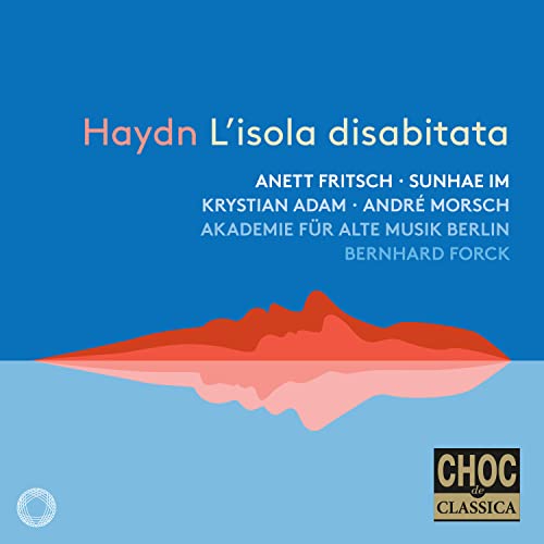 CD cover for Haydn’s “L’isola disabitata” with red island illustration.