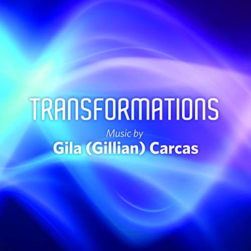 CD cover for “Transformations” by Gila Carcas, with blue and white abstract swirls.