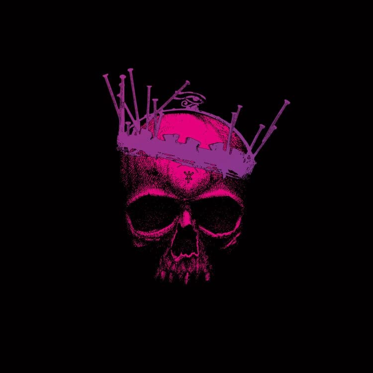 Pink skull wearing a crown against a black background.