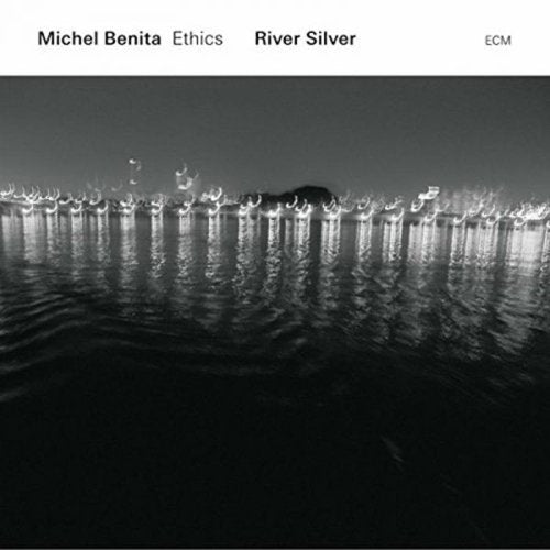 "Album cover with black and white city skyline reflected on water, titled 'River Silver'."