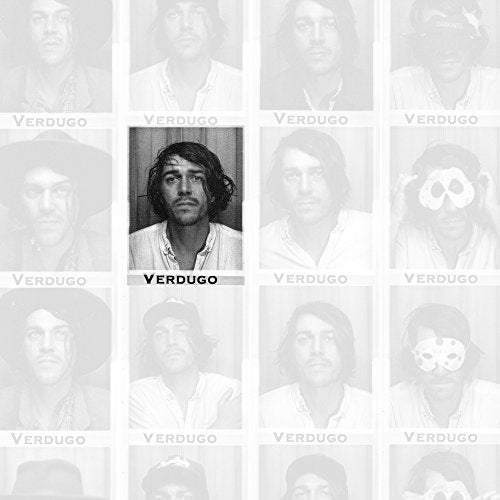 Black and white grid of portraits, central figure with long hair.