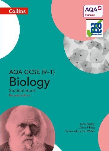"Teal textbook cover with 'Biology Student Book' title, images of cells and a bearded man."