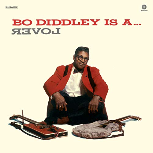 Bo Diddley album cover featuring the musician with guitars.