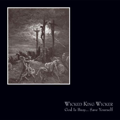 Black and white engraving of a crucifixion scene with figures below.