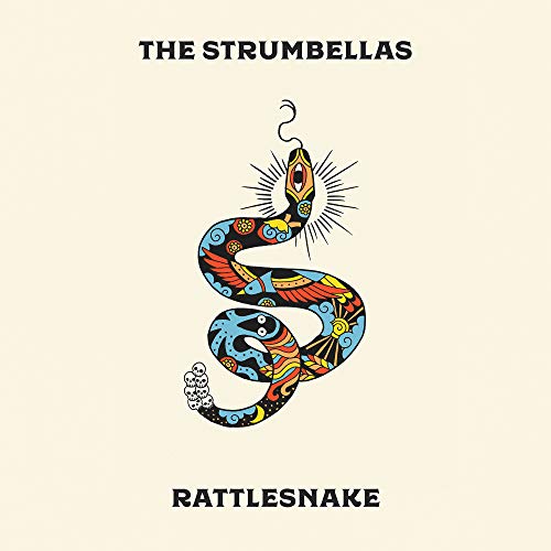 "Album cover with colorful snake illustration on beige background, titled 'The Strumbellas - Rattlesnake'."