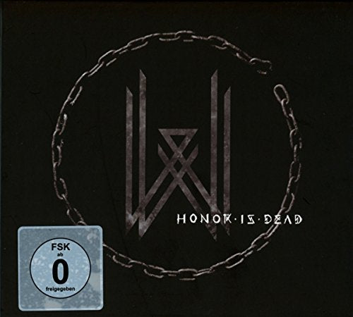 "Album cover with dark background, chain circle, and 'Wovenwar' logo, titled 'Honor is Dead'."