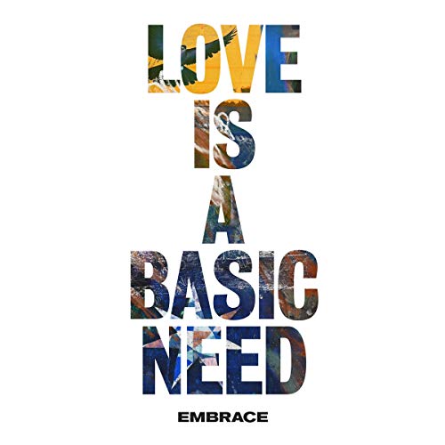 "Album cover with 'LOVE IS A BASIC NEED' in multicolored text on a white background."