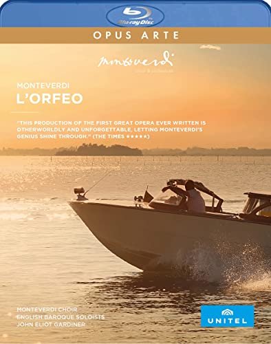 Blu-ray cover for Monteverdi’s *L’Orfeo* opera, featuring a boat on water.