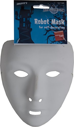 "White robot mask with eye, nose, and mouth holes, attached elastic straps on a white background."