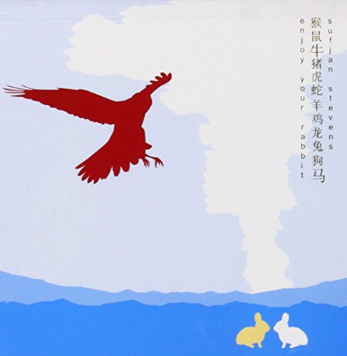Album cover: red bird flying over rabbits in a blue landscape.