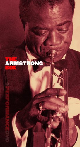 Louis Armstrong playing a trumpet, red-toned album cover for "The Armstrong Box.