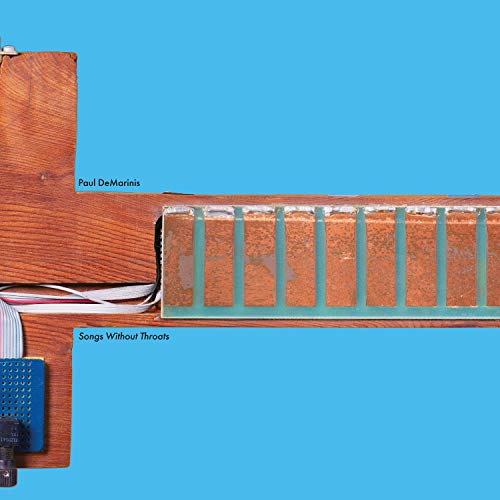 Album cover for "Songs Without Throats" with wood, circuits, and blue background.