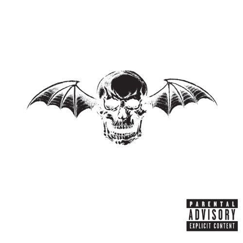 "Album cover featuring a black-and-white skull with bat wings and 'Parental Advisory' label."