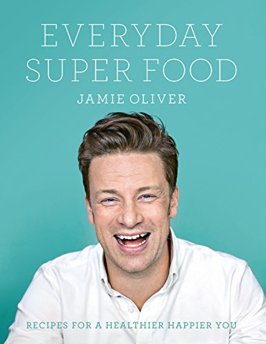 "Cookbook cover featuring Jamie Oliver against a teal background with white text."
