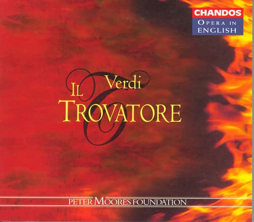 CD cover for Verdi’s *Il Trovatore* opera, with fiery red background.