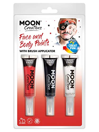 "Package containing three tubes of face paint in red, black, and white colors."