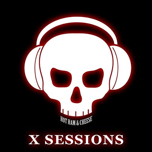Skull wearing headphones with “Hot Ham & Cheese X Sessions” text.
