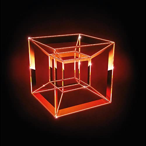 Red glowing geometric cube on black background, vinyl album cover.