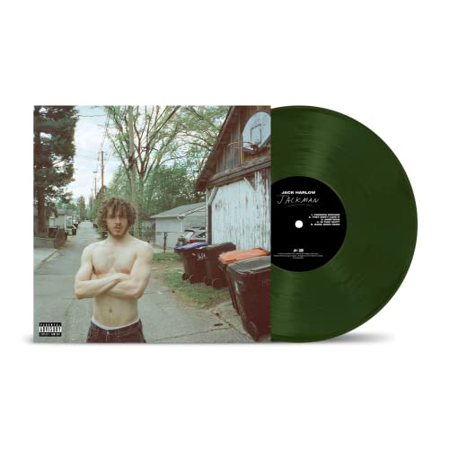 Jack Harlow’s “Jackman” vinyl record with green disc and album cover.