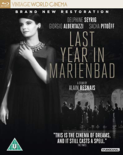 Blu-ray cover for “Last Year in Marienbad” featuring Delphine Seyrig.