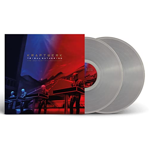 Vinyl record of Kraftwerk's "Tribal Gathering" with red and blue cover art.