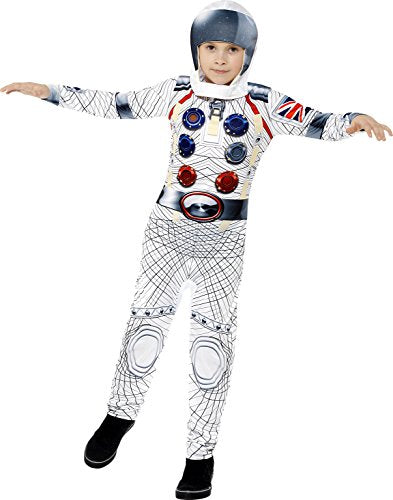 A child wearing a white spaceman costume with a helmet, standing against a white background.