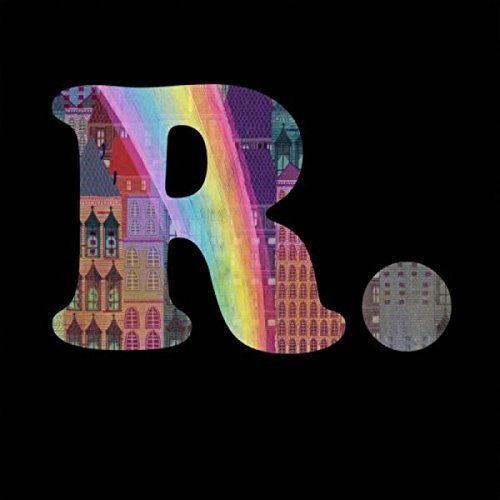 The image depicts a large, stylized letter "R" with a rainbow-colored, cityscape pattern on a black background.