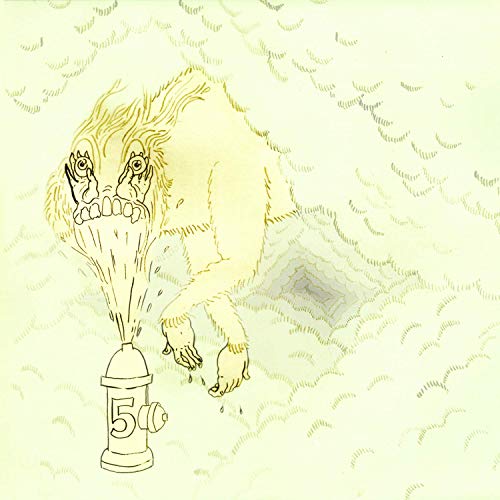 Yellow illustration of a large, hairy creature emerging from a fire hydrant.