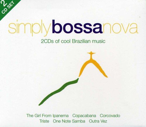 "CD cover with 'simply bossa nova' title, green and orange abstract shapes, on beige background."
